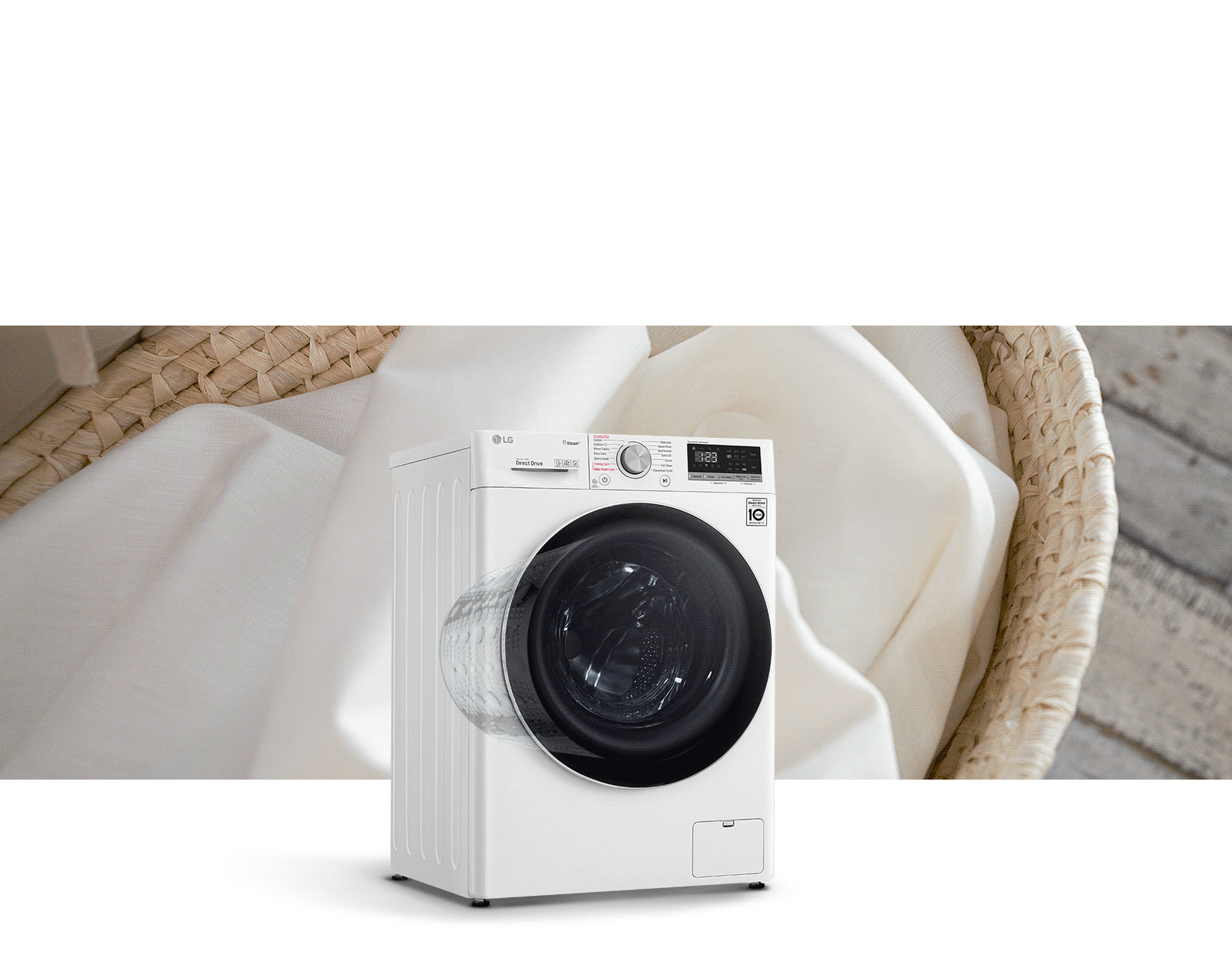 Máy giặt cửa trước LG màu trắng với bảng điều khiển điện tử và lồng giặt lớn màu đen